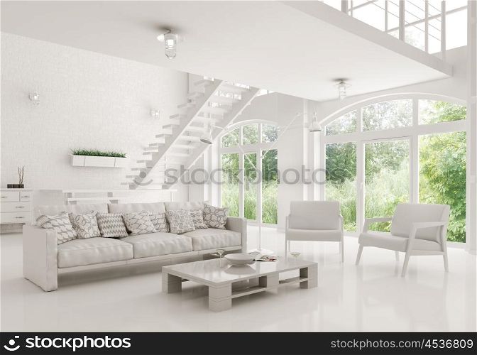 White apartment interior, living room, staircase 3d rendering