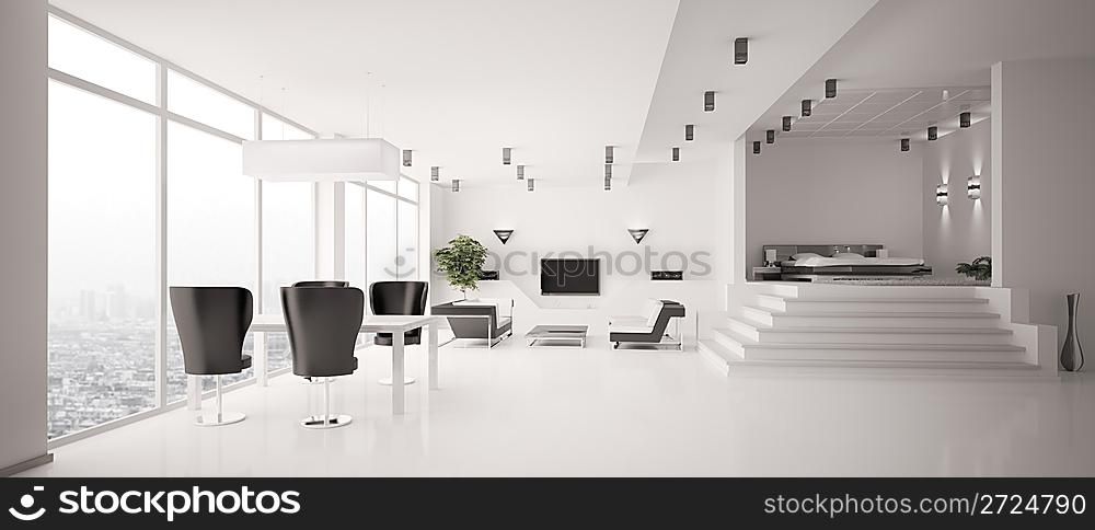 White Apartment interior panorama 3d render
