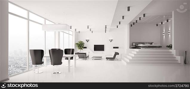 White Apartment interior panorama 3d render