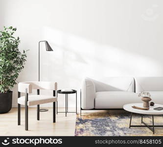 White armchair and sofa in modern living room interior with white wall and sunlight, 3d rendering