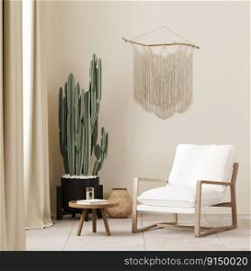 White armchair with coffee table near window in boho style interior background with macrame ob beige wall, 3d render