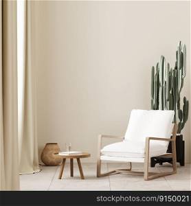 White armchair with coffee table near window in boho style interior background with beige wall, , empty wall mock up, 3d render