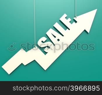 White arrow with sale word hang on cyan background image with hi-res rendered artwork that could be used for any graphic design.
