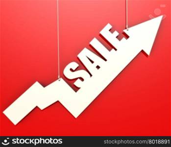 White arrow with sale word hang on red background image with hi-res rendered artwork that could be used for any graphic design.