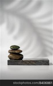 White background of wall with palm shadows and black stone podium. Free space for your decoration. black stone podium