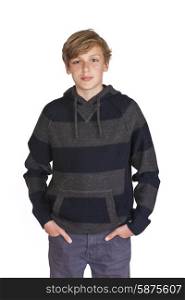 White background studio photograph of a standing male teeange blond boy child wearing a hoody