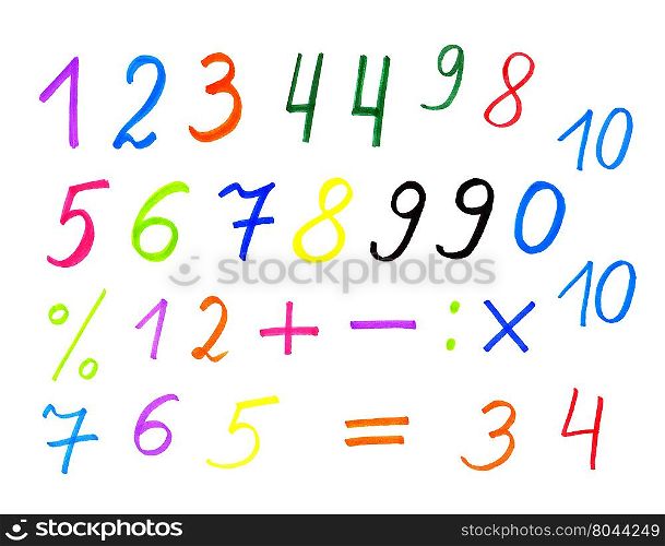 White background with colorful numerals and symbols, hand draw