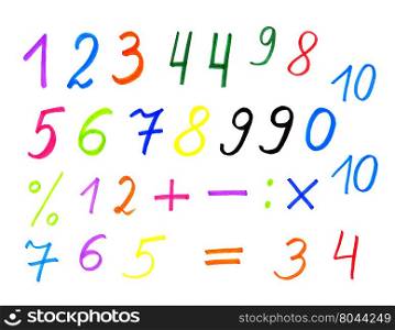 White background with colorful numerals and symbols, hand draw