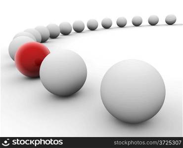 White balls arranged along circle with red one isolated on white. Uniqueness concept image.