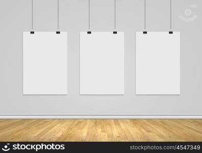 White banner. Blank white banner hanging on wall. Place for text