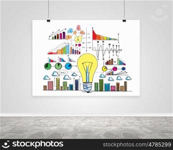 White banner with plan. Hanging white banner with sketch of business project