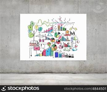 White banner with plan. Hanging white banner with sketch of business project