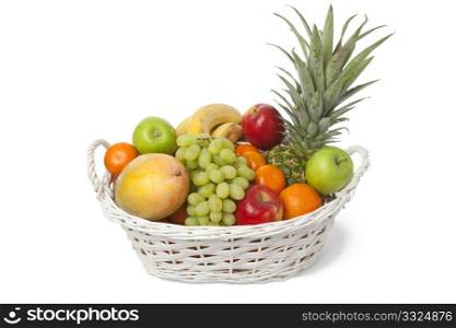 White basket with a variety of fresh fruit