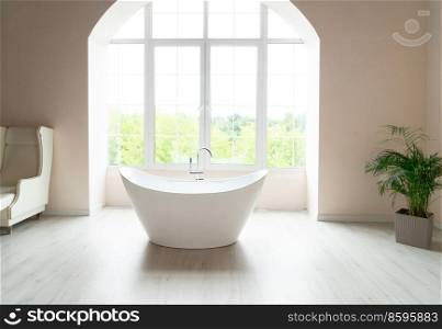 White bathroom with big window and bathtube. White modern bathroom