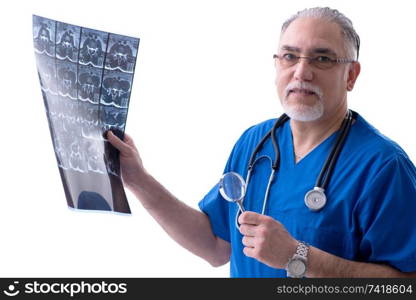 White bearded old doctor radiologist working in clinic 