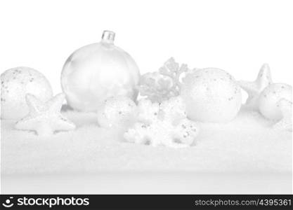 White beautiful Christmas ornaments on snowflakes