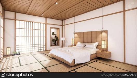 White bed room japanese design on tropical room interior and tatami mat floor. 3D rendering