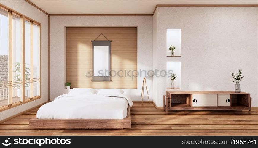 White bed room japanese design on tropical room interior and tatami mat floor. 3D rendering