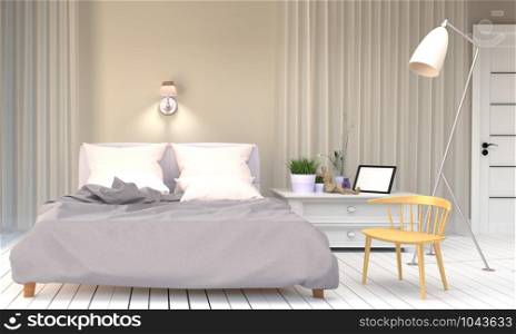 White Bed Room - Modern room with wooden chair lamp frame plants and door, White wooden floor on empty white wall background. 3D rendering