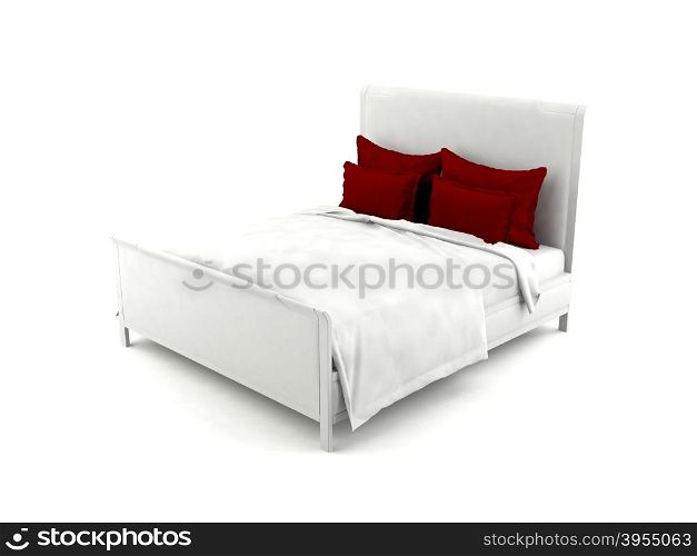 White bed with red pillows