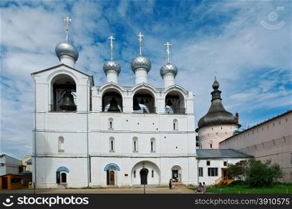 White Belfry with bells .Kremlin of ancient town of Rostov Veliky.Russia