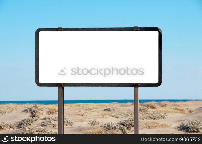 White billboard on the beach, blue sky, copy-space