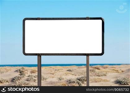 White billboard on the beach, blue sky, copy-space