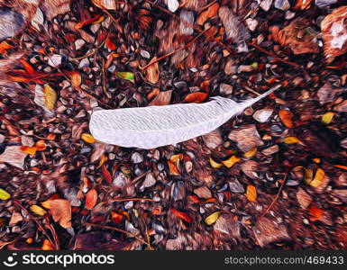 White bird feather on soil ground illustration graphic art colourful dry leaves - nature graphic wallpaper concept