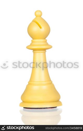 White bishop chess piece isolated on white background with reflection on the floor