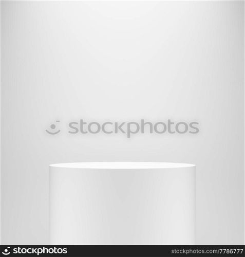 white blank empty cylinder pedestal template in front of white wall. 3d illustration