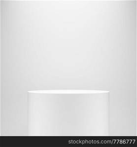 white blank empty cylinder pedestal template in front of white wall. 3d illustration