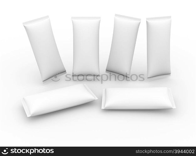 White blank flow wrap packet with clipping path, packaging or wrapper for Chocolate ,cookies, biscuit, milk bar, wafers, crackers, snacks or any kind of food