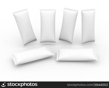 White blank flow wrap packet with clipping path, packaging or wrapper for Chocolate ,cookies, biscuit, milk bar, wafers, crackers, snacks or any kind of food