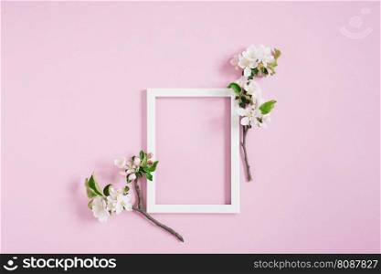 White blank frame with copy space lies on a pink background surrounded by blossoming branches of an apple tree. Spring Announcement Concept