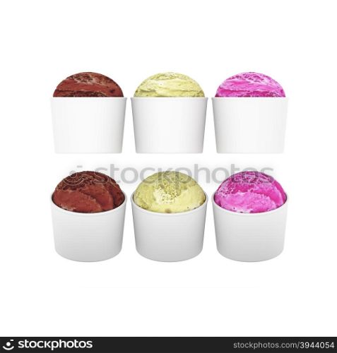 White blank ice cream cup with clipping path, Plastic package mock up with strawberry flavor, vanilla and chocolate Ice Cream, ready for your design or artwork