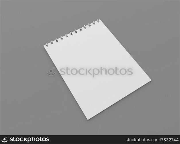 White blank notebook for notes on a gray background. 3d render illustration.. White blank notebook for notes on a gray background.