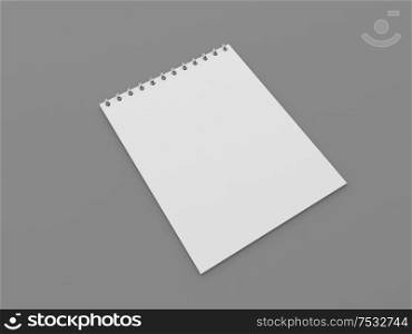 White blank notebook for notes on a gray background. 3d render illustration.. White blank notebook for notes on a gray background.