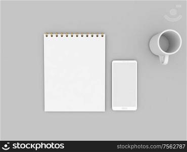 White blank notebook mobile and empty mug on a gray background. 3d render illustration.. White blank notebook mobile and empty mug on a gray background.