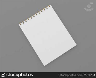 White blank notebook on a gray background. 3d render illustration.. White blank notebook on a gray background.