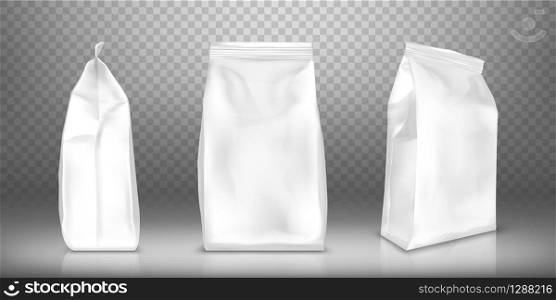 White blank plastic or foil pack realistic vector. Bag or pouch for snacks, sweets and coffee, front and side view, illustrations isolated on transparent background, mock up for packaging design. White blank plastic or foil pack realistic vector