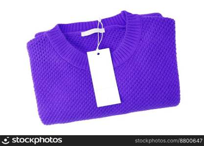 White blank rectangular clothing tag, label mockup template on purple knitted sweater isolated on white background . Price tag label with copy space for text. White blank rectangular clothing tag on yellow knitted sweater isolated on white background