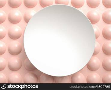White blank round plate or frame over pink balls and spheres on pink background. 3D illustration. Perfect image for placing your text or design. Use in product presentation and branding in cosmetics, entertainment and fashion.. White blank round plate or frame over pink balls and spheres on pink background. 3D render. Perfect image for placing your text or design. Use in product presentation and branding in cosmetics, entertainment and fashion.