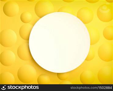 White blank round plate or frame over yellow balls and spheres on yellow background. 3d illustration. Perfect image for placing your text or design. Use in product presentation and branding in cosmetics, entertainment and fashion.. White blank round plate or frame over yellow balls and spheres on yellow background. . 3d render. Perfect image for placing your text or design. Use in product presentation and branding in cosmetics, entertainment and fashion