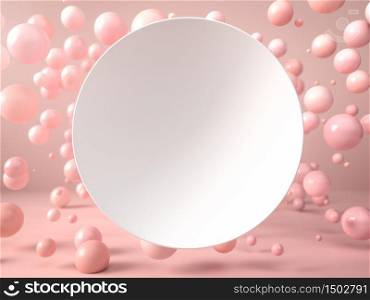 White blank round plate or frame with over pink balls and bubbles on pink background. Perfect image for placing your text or design. Use for cosmetics, entertainment and fashion. 3d illustration. White blank round plate or frame with over pink balls and bubbles on pink background. Perfect image for placing your text or design. Use for cosmetics, entertainment and fashion. 3d render
