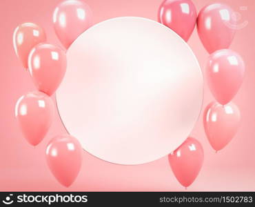 White blank round plate or frame with pink balloons over pink pastel backgorund. Perfect background or mockup for celebrations, party, greetings and invitations. 3d illustration. Place your text on copy space.. White blank round plate or frame with pink balloons over pink pastel backgorund. Perfect background or mockup for celebrations, party, greetings and invitations. 3d render. Place your text on copy space.