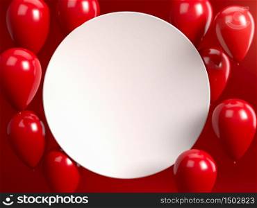 White blank round plate or frame with red balloons over red backgorund. Perfect background or mockup for celebrations, party, greetings and invitations. 3d illustration. Place your text on copy space.. White blank round plate or frame with red balloons over red backgorund. Perfect background or mockup for celebrations, party, greetings and invitations. 3d render. Place your text on copy space.