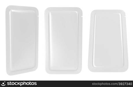 White blank sachet packaging for food, drinks, cosmetics, or medicine.