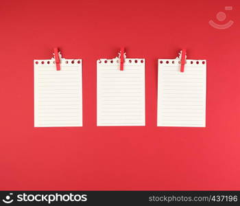 white blank sheet in a line torn out of notepad on a red background, close up