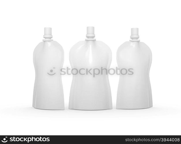 White blank stand up curve bag packaging with spout lid, clipping path included. Plastic pack mock up for liquid product like fruit juice, milk , jelly, detergent, shampoo or shower cream, Ready for design and artwork&#xA;