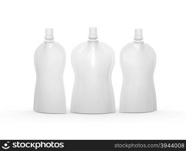 White blank stand up curve bag packaging with spout lid, clipping path included. Plastic pack mock up for liquid product like fruit juice, milk , jelly, detergent, shampoo or shower cream, Ready for design and artwork&#xA;